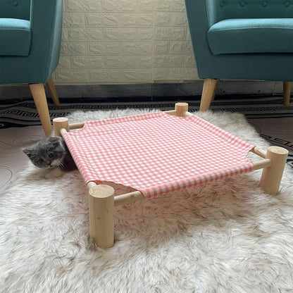 Elevated Cat & Dog Bed – Wooden Frame Pet Hammock for Small Dogs & Cats, Indoor/Outdoor Raised Bed with Breathable Mesh, Portable Pet Cot Furniture – Pink Grid