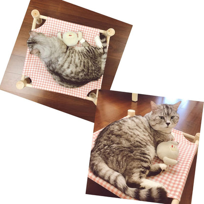 Elevated Cat & Dog Bed – Wooden Frame Pet Hammock for Small Dogs & Cats, Indoor/Outdoor Raised Bed with Breathable Mesh, Portable Pet Cot Furniture – Pink Grid