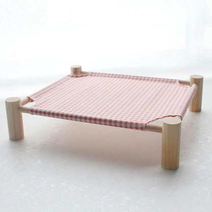 Elevated Cat & Dog Bed – Wooden Frame Pet Hammock for Small Dogs & Cats, Indoor/Outdoor Raised Bed with Breathable Mesh, Portable Pet Cot Furniture – Pink Grid