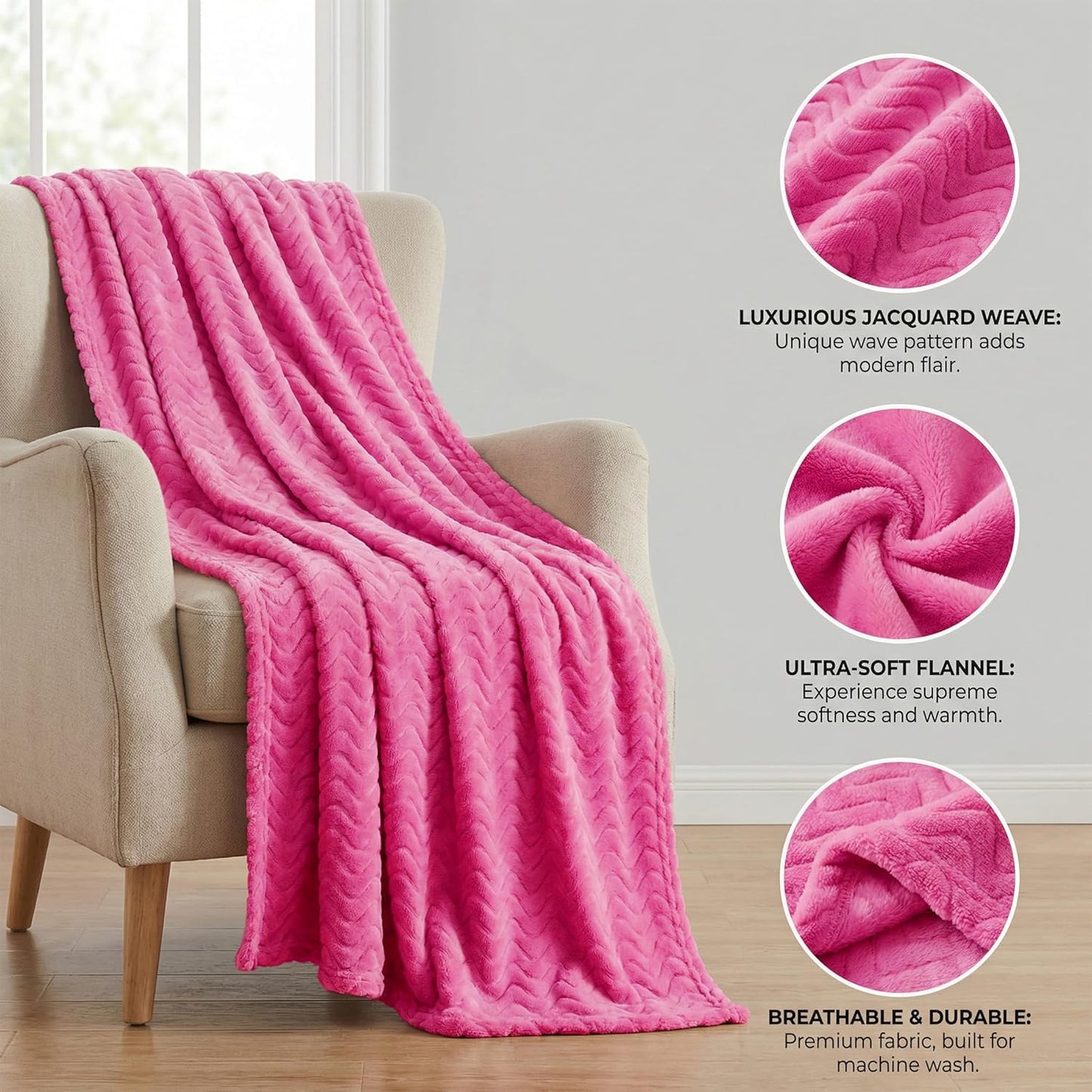Exclusivo Mezcla Fleece Throw Blanket for Couch, Lightweight Jacquard Bed Blanket for Spring Summer, Soft Cozy Breathable Throws, Hot Pink, 50x70 Inches