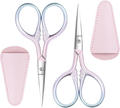 2 Pcs Eyebrow Scissors, 3.5 Inch Pink Stainless Steel Straight Tip
