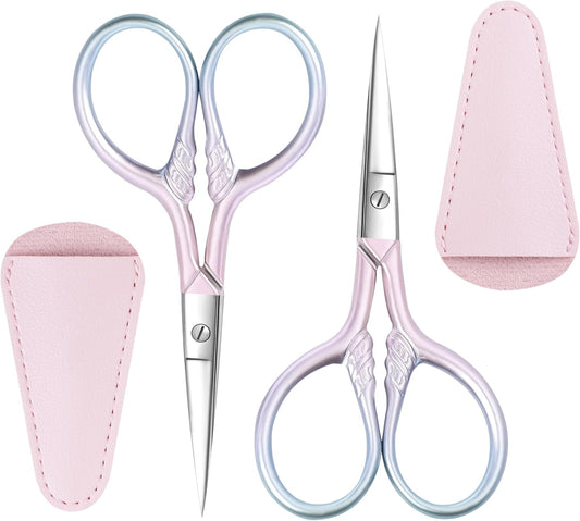 2 Pcs Eyebrow Scissors, 3.5 Inch Pink Stainless Steel Straight Tip