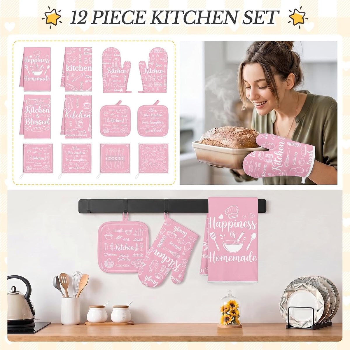 Pink Kitchen Decor Accessories, Pink Kitchen Dish Towels, 12 Pack