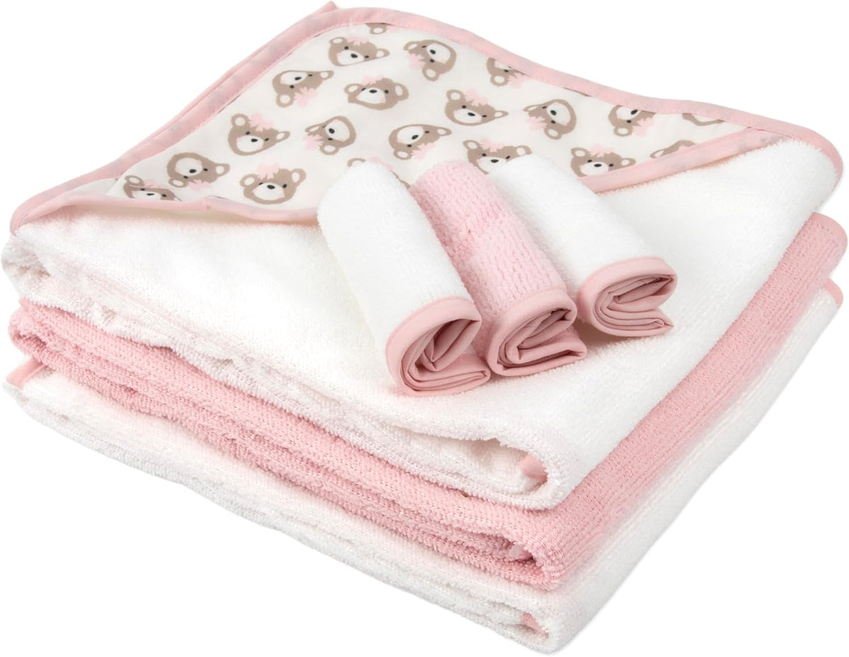 Hooded Baby Bath Towel and Washcloth 6 Piece Set for Newborns, Infants & Toddlers, Boys & Girls Baby Hooded Towels Set (Pink Bows and Teddy Bears)