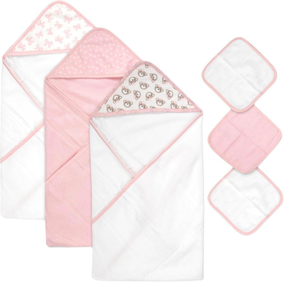 Hooded Baby Bath Towel and Washcloth 6 Piece Set for Newborns, Infants & Toddlers, Boys & Girls Baby Hooded Towels Set (Pink Bows and Teddy Bears)