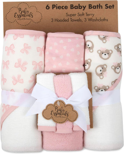 Hooded Baby Bath Towel and Washcloth 6 Piece Set for Newborns, Infants & Toddlers, Boys & Girls Baby Hooded Towels Set (Pink Bows and Teddy Bears)