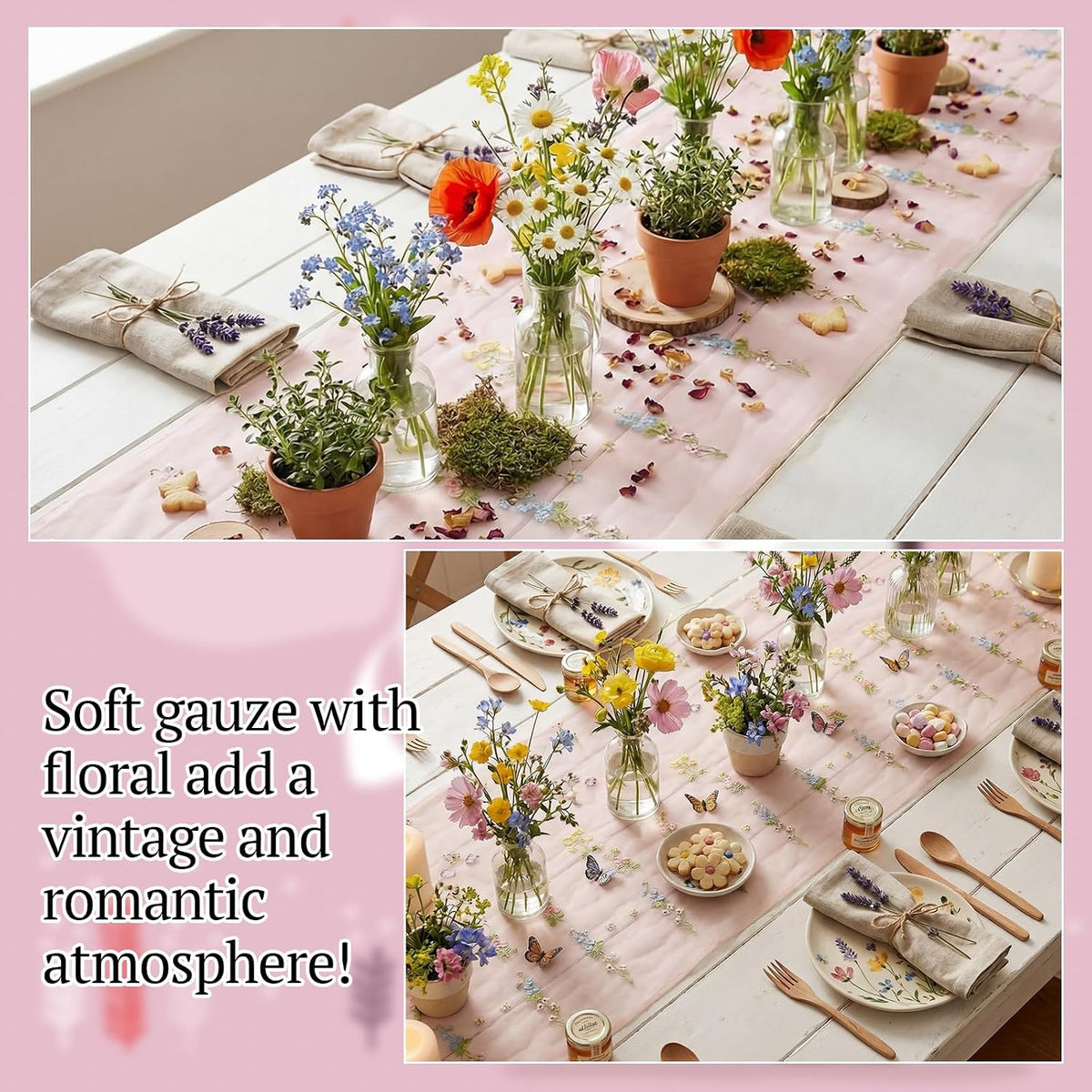 3 Pcs Pink Wildflower Table Runner 10ft Embroidery Tulle