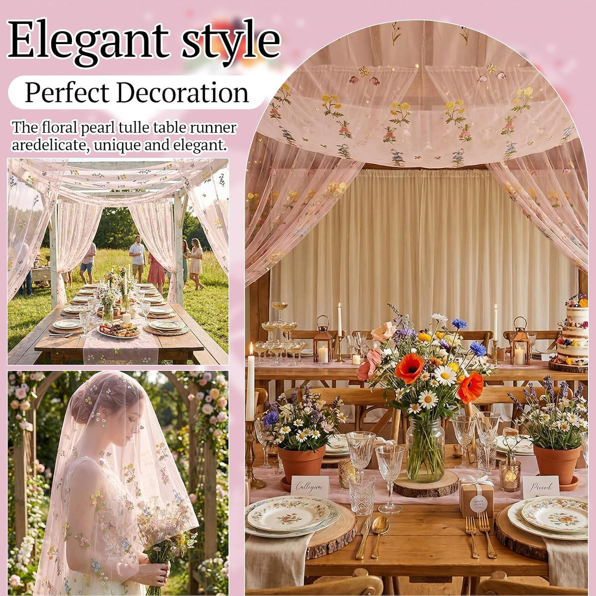 3 Pcs Pink Wildflower Table Runner 10ft Embroidery Tulle