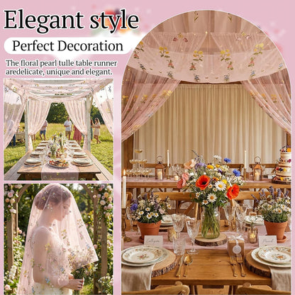 3 Pcs Pink Wildflower Table Runner 10ft Embroidery Tulle