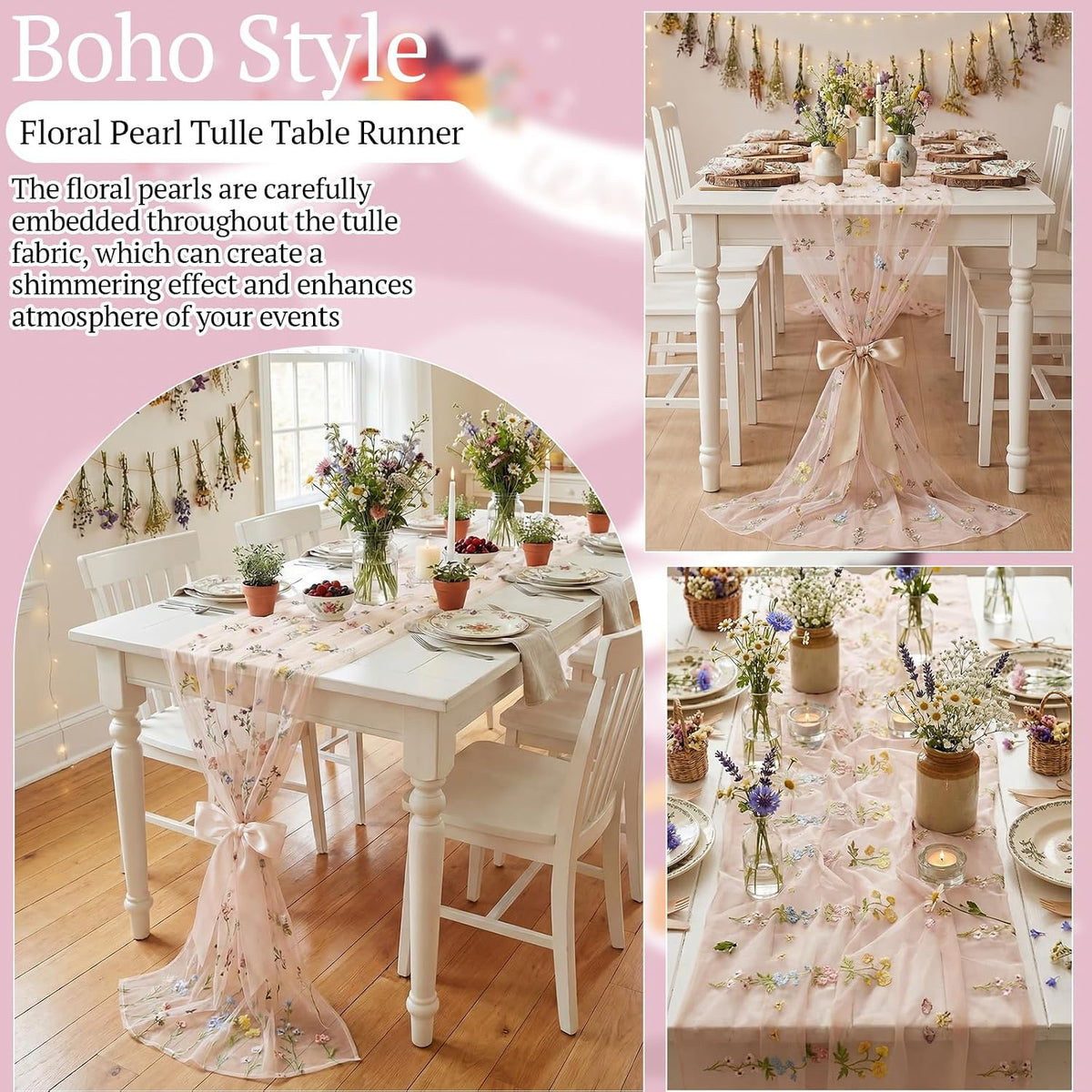 3 Pcs Pink Wildflower Table Runner 10ft Embroidery Tulle