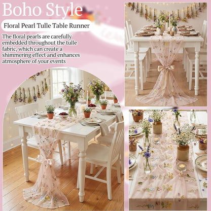 3 Pcs Pink Wildflower Table Runner 10ft Embroidery Tulle