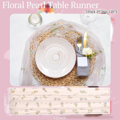 3 Pcs Pink Wildflower Table Runner 10ft Embroidery Tulle
