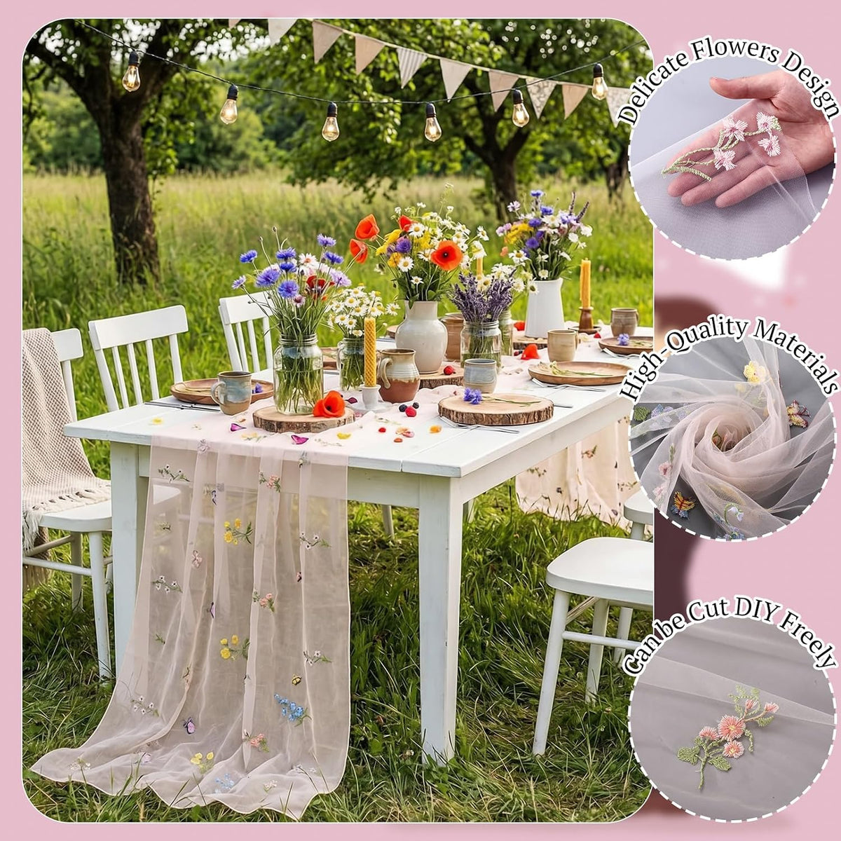 3 Pcs Pink Wildflower Table Runner 10ft Embroidery Tulle