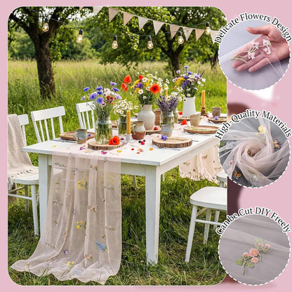 3 Pcs Pink Wildflower Table Runner 10ft Embroidery Tulle