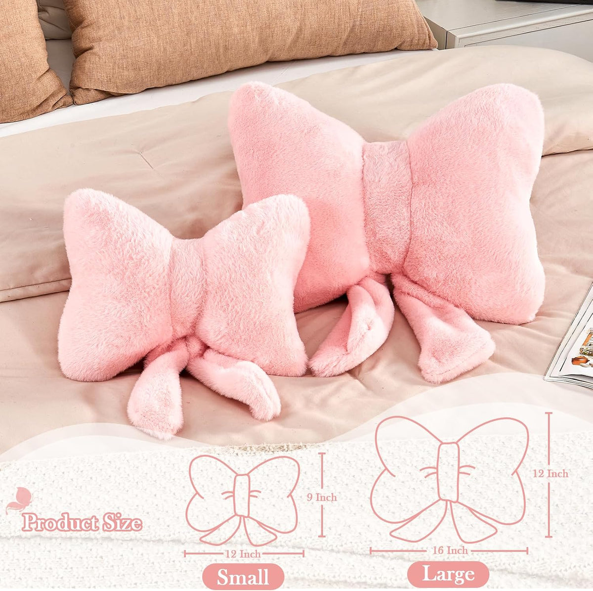 Pink Bow Pillow, Soft Bow Decorative Pillows with Faux Rabbit Fur, Cute 12" Bow Throw Pillows, Aesthetic Home Decor Bow Shaped Plush Pillow for Bedroom Sofa Couch