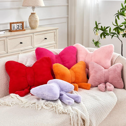Pink Bow Pillow, Soft Bow Decorative Pillows with Faux Rabbit Fur, Cute 12" Bow Throw Pillows, Aesthetic Home Decor Bow Shaped Plush Pillow for Bedroom Sofa Couch