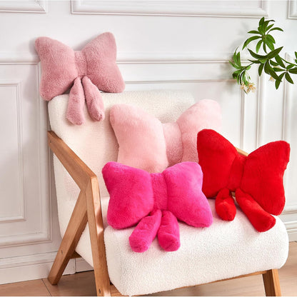 Pink Bow Pillow, Soft Bow Decorative Pillows with Faux Rabbit Fur, Cute 12" Bow Throw Pillows, Aesthetic Home Decor Bow Shaped Plush Pillow for Bedroom Sofa Couch