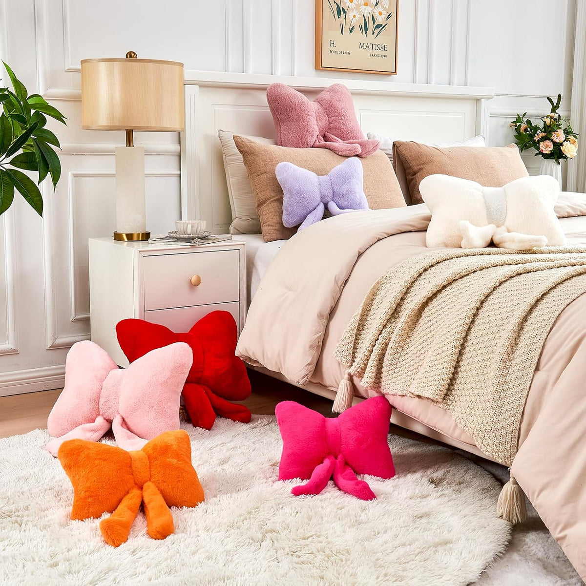 Pink Bow Pillow, Soft Bow Decorative Pillows with Faux Rabbit Fur, Cute 12" Bow Throw Pillows, Aesthetic Home Decor Bow Shaped Plush Pillow for Bedroom Sofa Couch