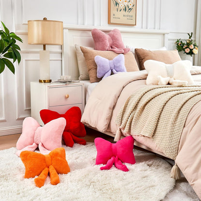 Pink Bow Pillow, Soft Bow Decorative Pillows with Faux Rabbit Fur, Cute 12" Bow Throw Pillows, Aesthetic Home Decor Bow Shaped Plush Pillow for Bedroom Sofa Couch