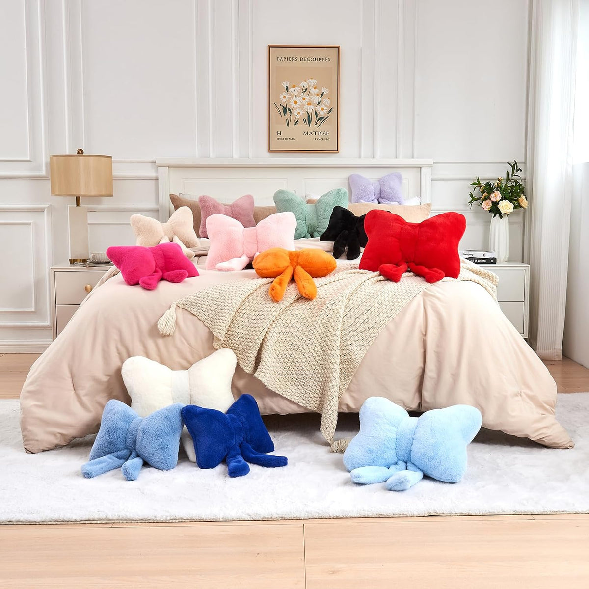Pink Bow Pillow, Soft Bow Decorative Pillows with Faux Rabbit Fur, Cute 12" Bow Throw Pillows, Aesthetic Home Decor Bow Shaped Plush Pillow for Bedroom Sofa Couch