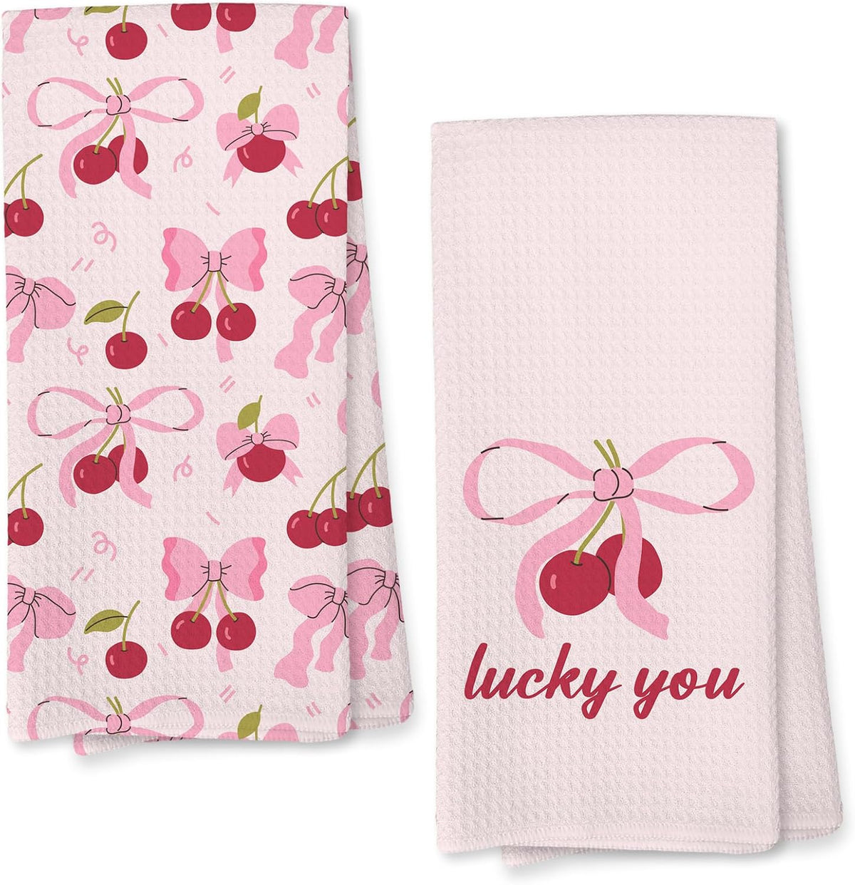 Pink Bow Cherry Kitchen Towels, Coquette Preppy Bow Decorative Hand Towels for Bathroom, Pink Cherry Dish Tea Towel for Kitchen Decor, Coquette Girly Bathroom Decor, 16x24 Inch Set of 2