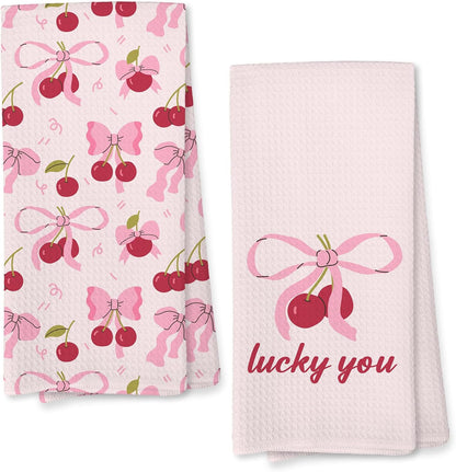 Pink Bow Cherry Kitchen Towels, Coquette Preppy Bow Decorative Hand Towels for Bathroom, Pink Cherry Dish Tea Towel for Kitchen Decor, Coquette Girly Bathroom Decor, 16x24 Inch Set of 2