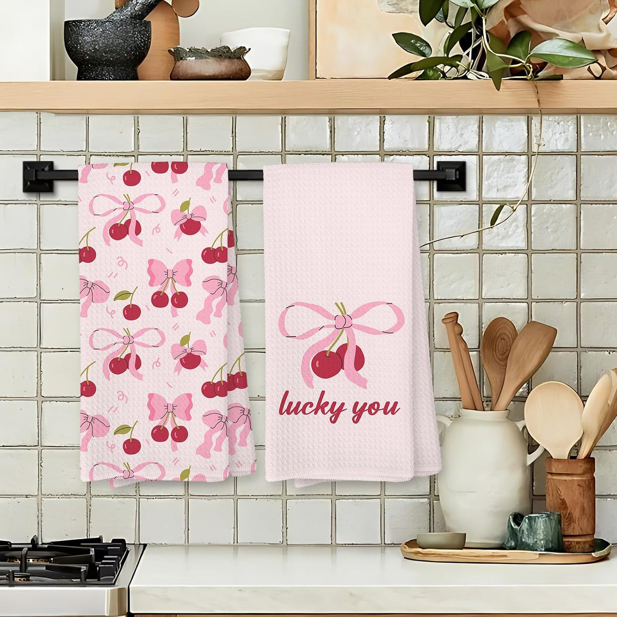 Pink Bow Cherry Kitchen Towels, Coquette Preppy Bow Decorative Hand Towels for Bathroom, Pink Cherry Dish Tea Towel for Kitchen Decor, Coquette Girly Bathroom Decor, 16x24 Inch Set of 2