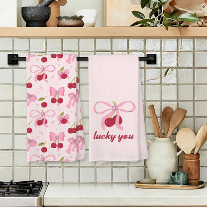 Pink Bow Cherry Kitchen Towels, Coquette Preppy Bow Decorative Hand Towels for Bathroom, Pink Cherry Dish Tea Towel for Kitchen Decor, Coquette Girly Bathroom Decor, 16x24 Inch Set of 2