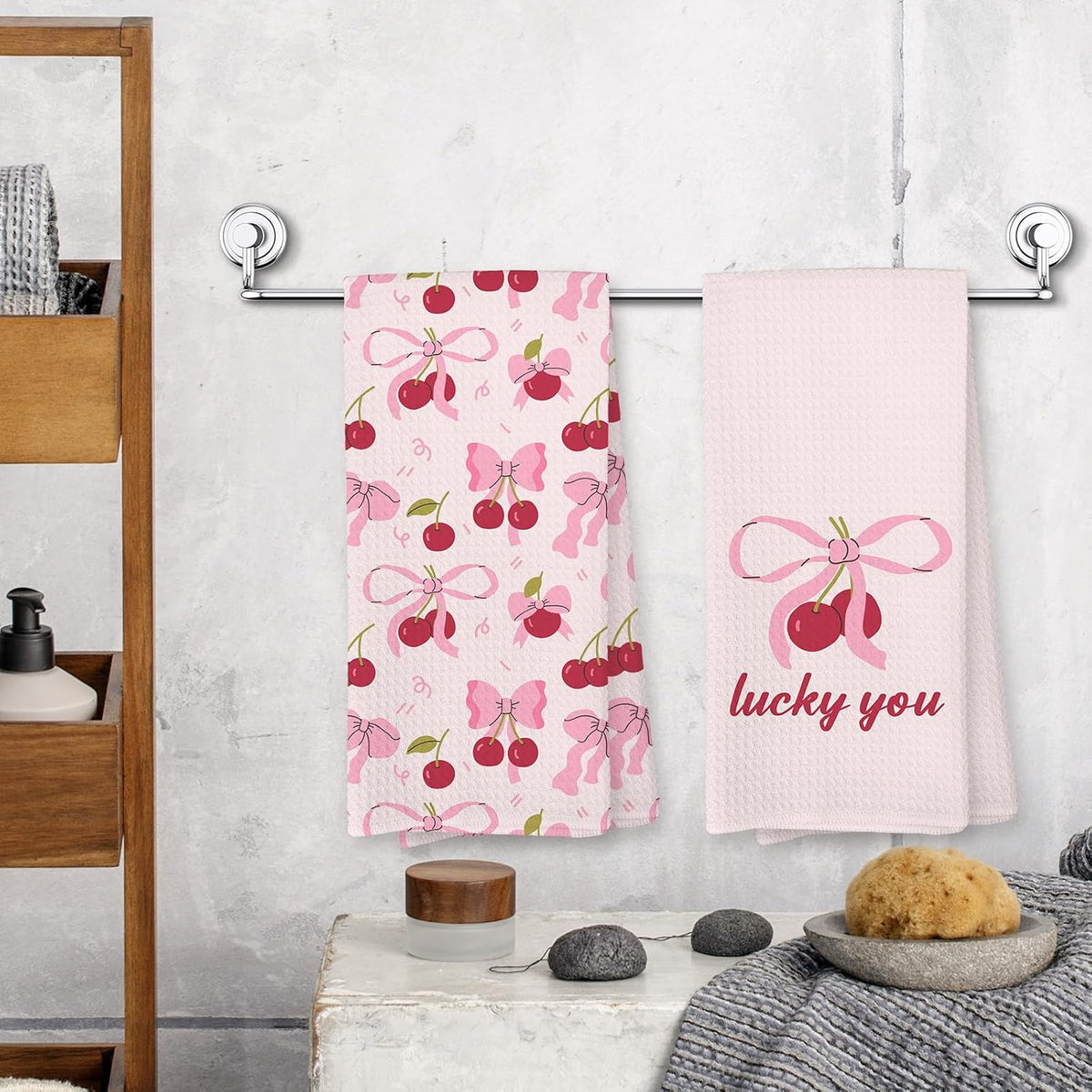 Pink Bow Cherry Kitchen Towels, Coquette Preppy Bow Decorative Hand Towels for Bathroom, Pink Cherry Dish Tea Towel for Kitchen Decor, Coquette Girly Bathroom Decor, 16x24 Inch Set of 2