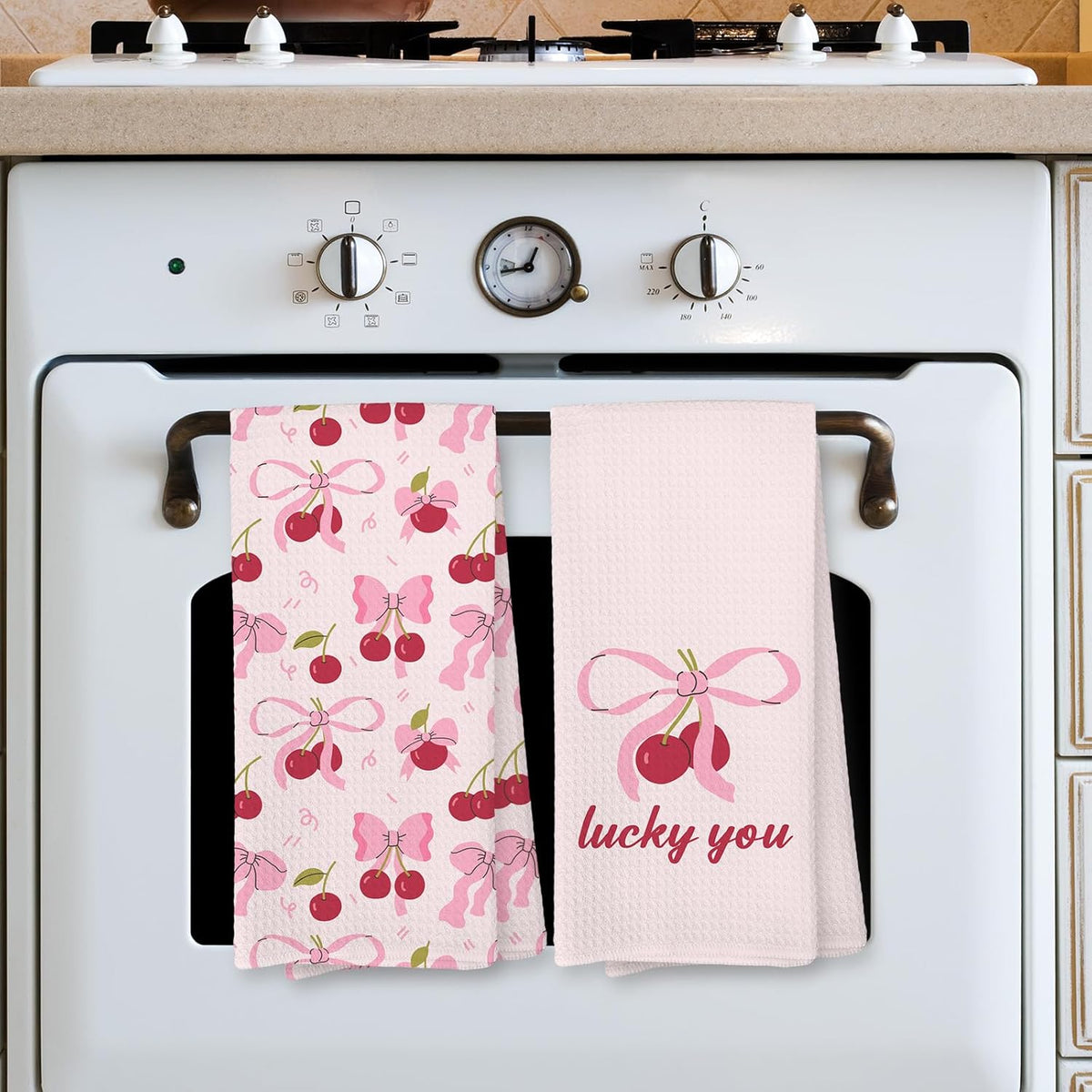 Pink Bow Cherry Kitchen Towels, Coquette Preppy Bow Decorative Hand Towels for Bathroom, Pink Cherry Dish Tea Towel for Kitchen Decor, Coquette Girly Bathroom Decor, 16x24 Inch Set of 2
