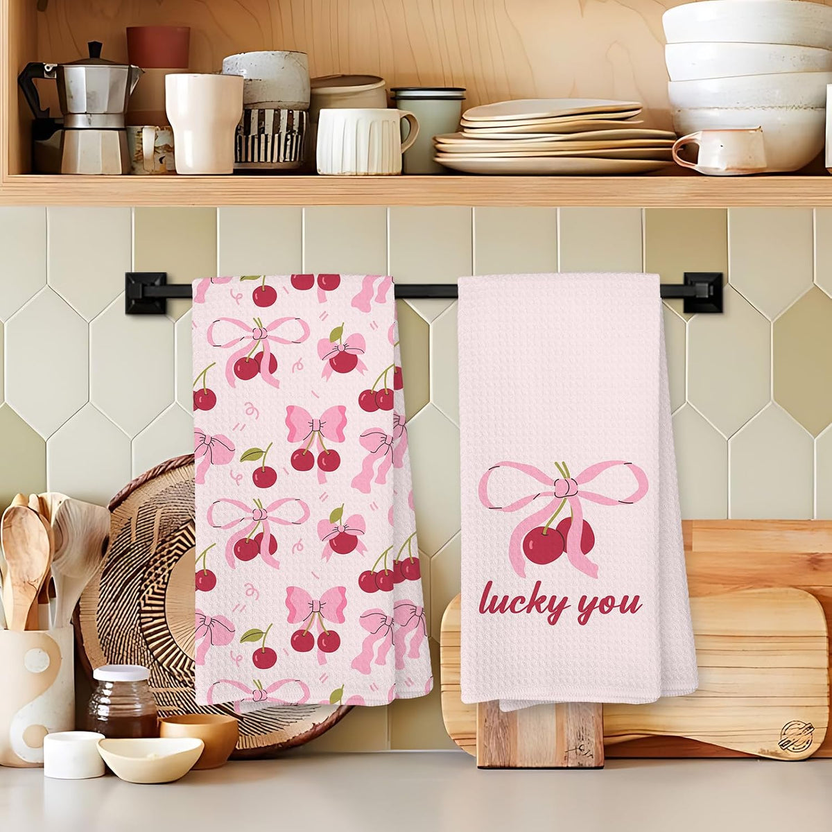 Pink Bow Cherry Kitchen Towels, Coquette Preppy Bow Decorative Hand Towels for Bathroom, Pink Cherry Dish Tea Towel for Kitchen Decor, Coquette Girly Bathroom Decor, 16x24 Inch Set of 2