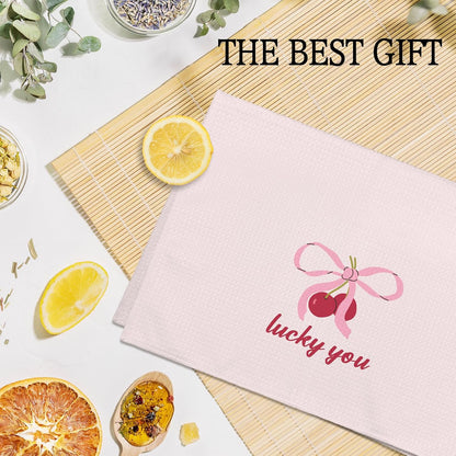 Pink Bow Cherry Kitchen Towels, Coquette Preppy Bow Decorative Hand Towels for Bathroom, Pink Cherry Dish Tea Towel for Kitchen Decor, Coquette Girly Bathroom Decor, 16x24 Inch Set of 2