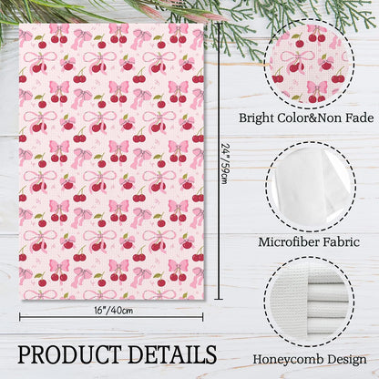 Pink Bow Cherry Kitchen Towels, Coquette Preppy Bow Decorative Hand Towels for Bathroom, Pink Cherry Dish Tea Towel for Kitchen Decor, Coquette Girly Bathroom Decor, 16x24 Inch Set of 2