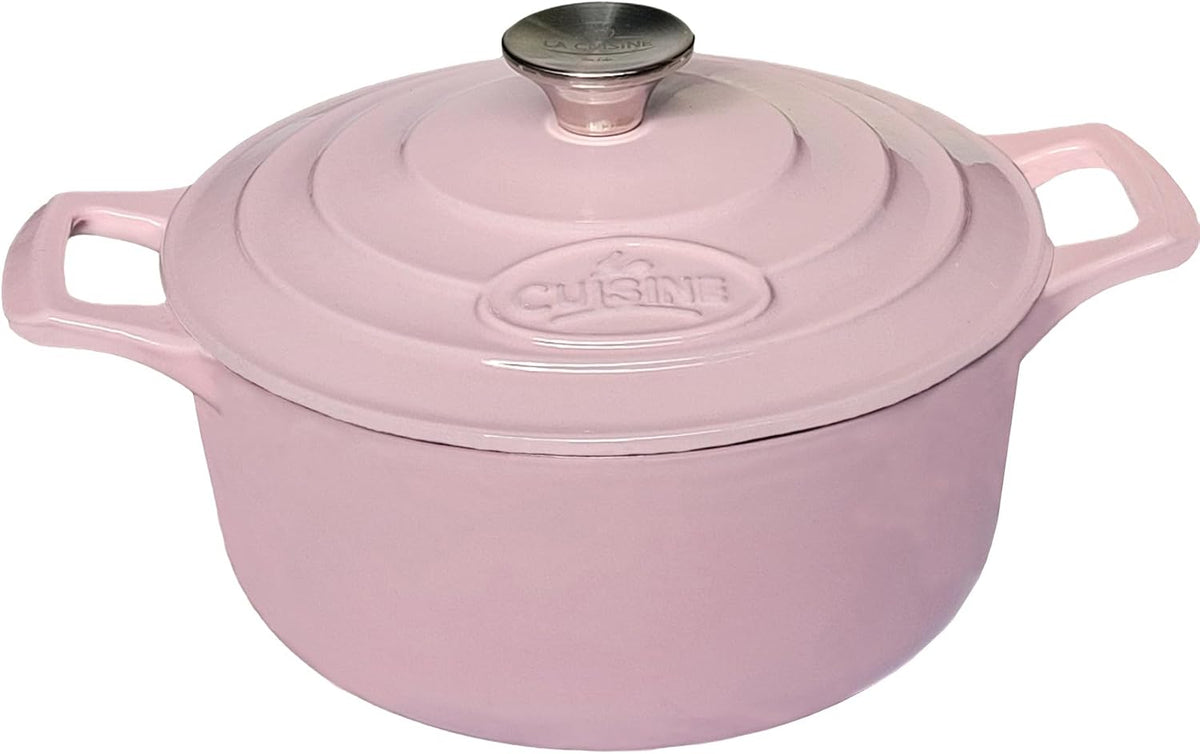 La Cuisine Enameled Cast Iron Dutch Oven Casserole Pot with Lid Internal Glossy Cream White Enamel Coating 3.75 QT 9.5" /24cm Ø. For GlassTop Stove, Oven-Safe, PFOA Free, Pink