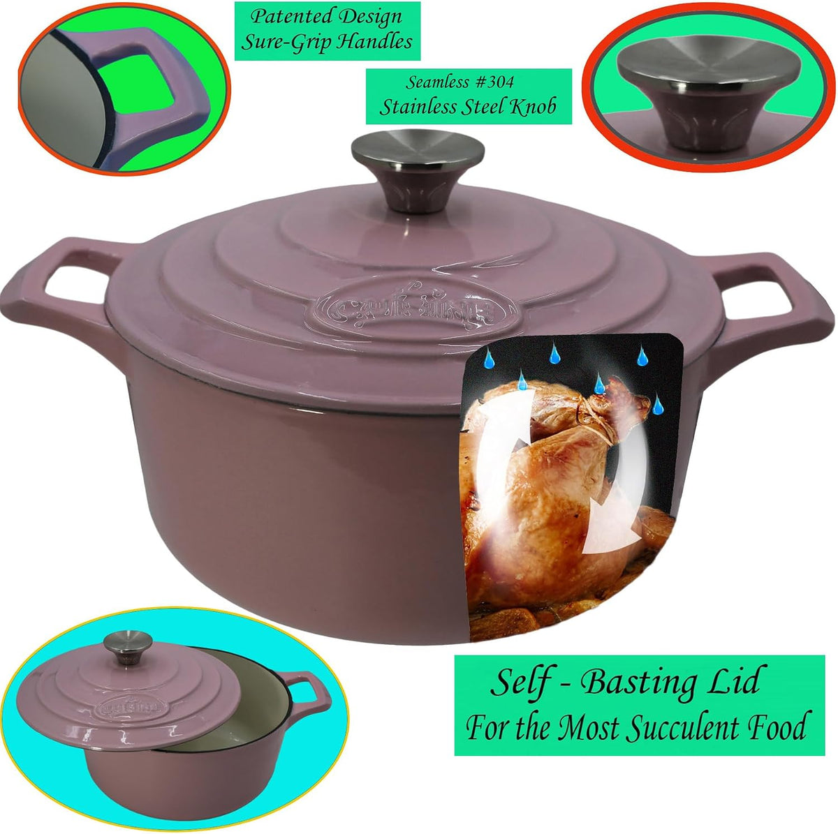 La Cuisine Enameled Cast Iron Dutch Oven Casserole Pot with Lid Internal Glossy Cream White Enamel Coating 3.75 QT 9.5" /24cm Ø. For GlassTop Stove, Oven-Safe, PFOA Free, Pink