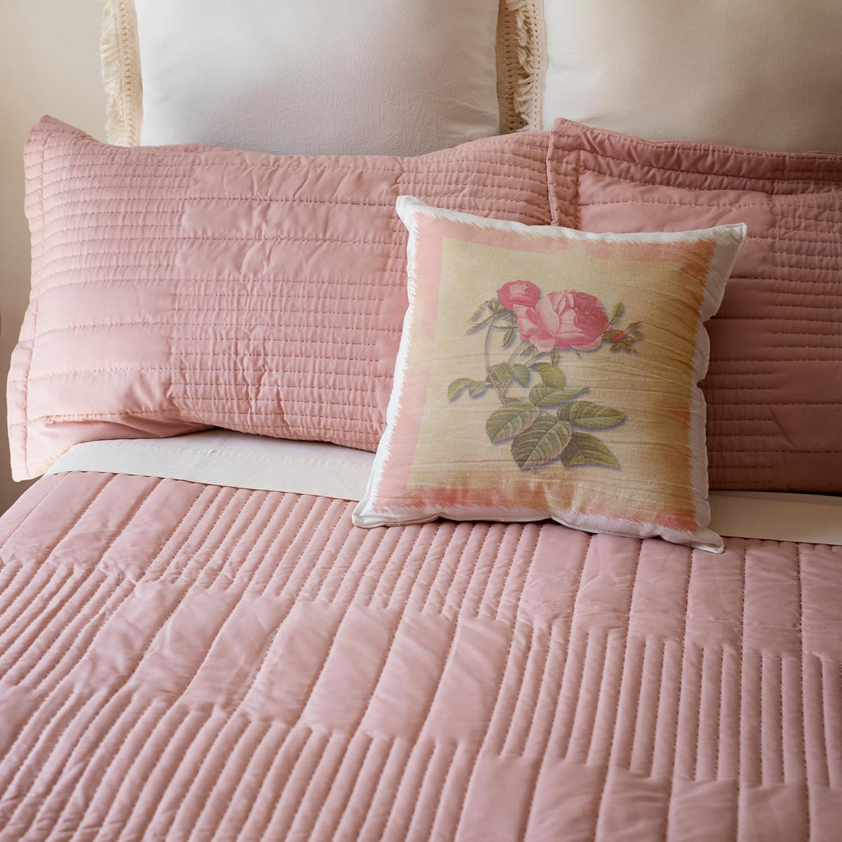 Victorian Dark Pink Roses on Antique Look Paper Background, Light Pastel 16x16 inch Pillow Case