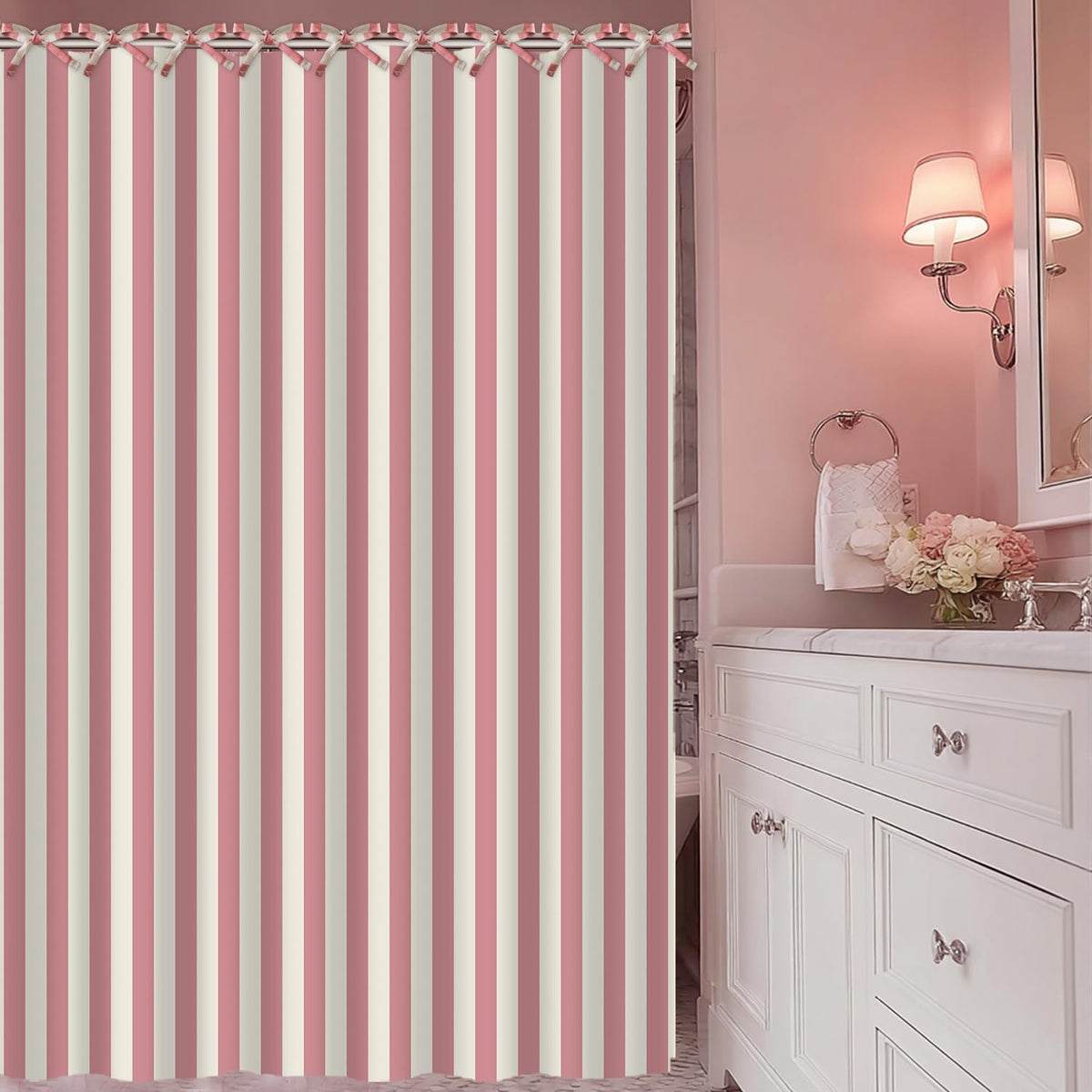 Striped Shower Curtain for Bathroom Pink Stripe Hookless Shower Curtain Rustic Boho Bath Curtain 72x72 Inch Tie Top Waterproof Fabric for Bathroom Decor