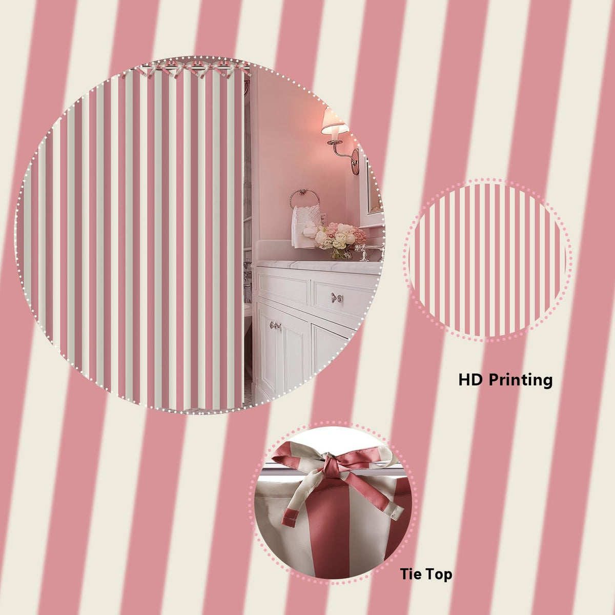Striped Shower Curtain for Bathroom Pink Stripe Hookless Shower Curtain Rustic Boho Bath Curtain 72x72 Inch Tie Top Waterproof Fabric for Bathroom Decor