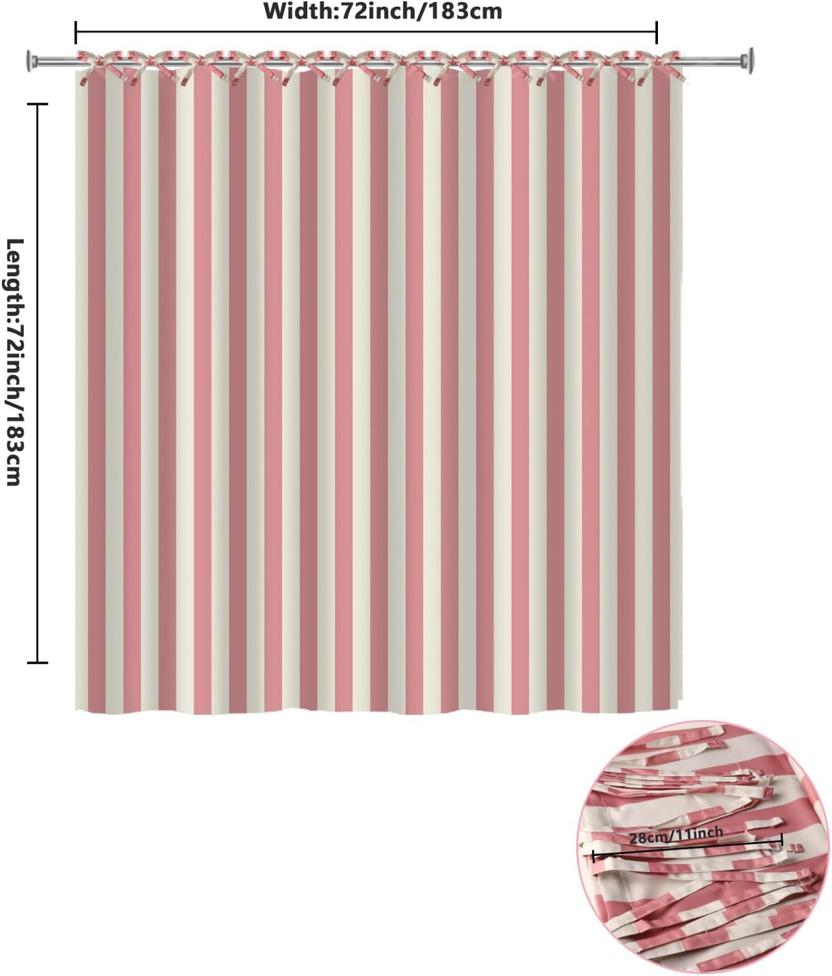 Striped Shower Curtain for Bathroom Pink Stripe Hookless Shower Curtain Rustic Boho Bath Curtain 72x72 Inch Tie Top Waterproof Fabric for Bathroom Decor