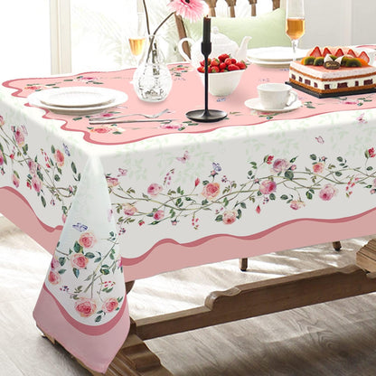 Pink Floral Tablecloth Decoration Tablecloths, Pink Rose Rosette Butterfly Table Covers, Waterproof Table Cover for Dinner Kitchen Party Holiday Decor 60"x 84" Oblong/Rectangle