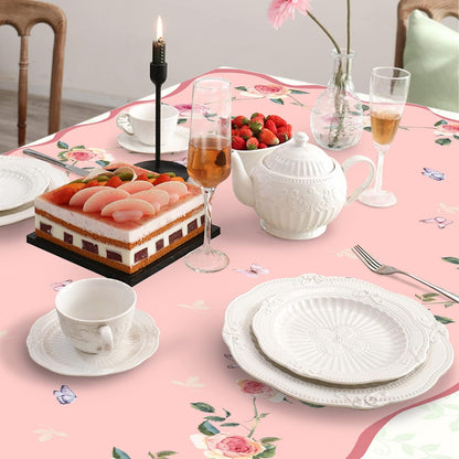 Pink Floral Tablecloth Decoration Tablecloths, Pink Rose Rosette Butterfly Table Covers, Waterproof Table Cover for Dinner Kitchen Party Holiday Decor 60"x 84" Oblong/Rectangle
