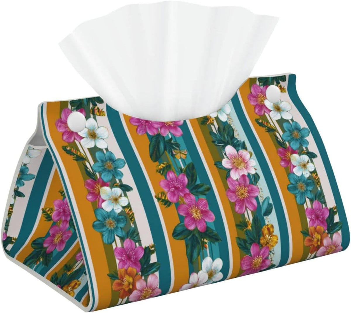 Retro Stripes Pink White Flowers Pattern Tissue Box Cover Rectangle Pu Leather Tissue Box Holder for Car Bathroom Bedroom Desk Tabletop Decor