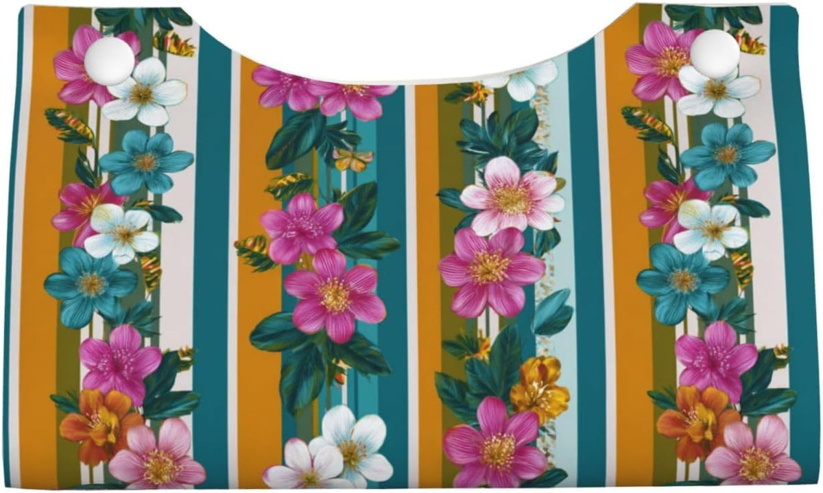 Retro Stripes Pink White Flowers Pattern Tissue Box Cover Rectangle Pu Leather Tissue Box Holder for Car Bathroom Bedroom Desk Tabletop Decor