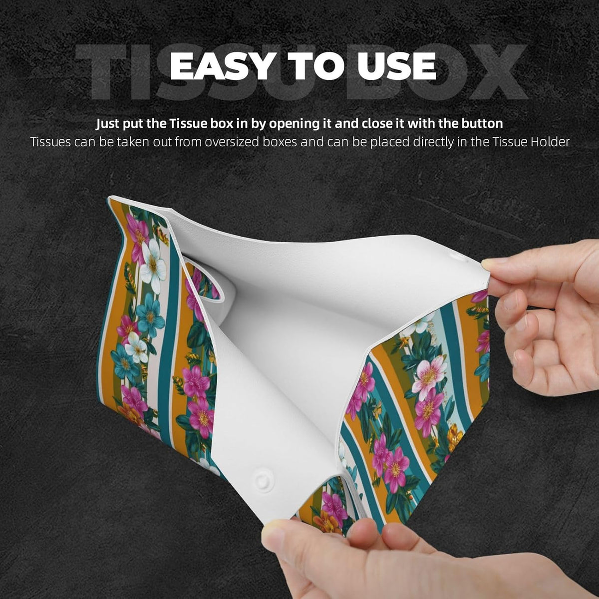 Retro Stripes Pink White Flowers Pattern Tissue Box Cover Rectangle Pu Leather Tissue Box Holder for Car Bathroom Bedroom Desk Tabletop Decor