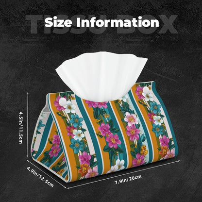 Retro Stripes Pink White Flowers Pattern Tissue Box Cover Rectangle Pu Leather Tissue Box Holder for Car Bathroom Bedroom Desk Tabletop Decor
