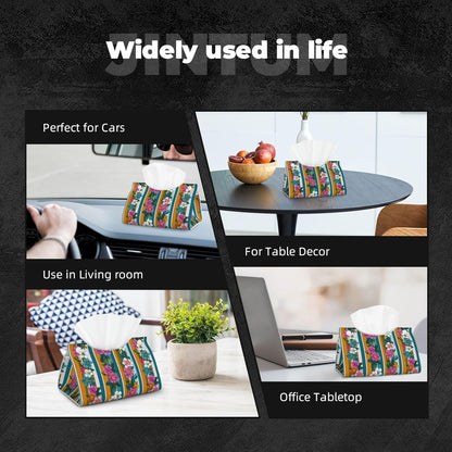 Retro Stripes Pink White Flowers Pattern Tissue Box Cover Rectangle Pu Leather Tissue Box Holder for Car Bathroom Bedroom Desk Tabletop Decor