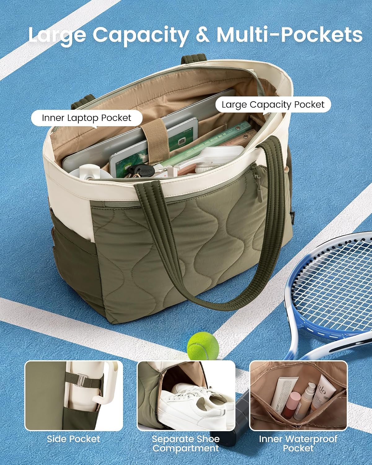 Tennis Gym Bag for Women - Tennis Tote Bag Holds 2 Rackets with Shoe Compartment & Wet Pocket, Water-Resistant Duffel Bags fits up to 15.6" Laptop for Travel