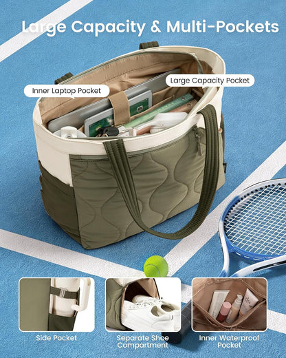Tennis Gym Bag for Women - Tennis Tote Bag Holds 2 Rackets with Shoe Compartment & Wet Pocket, Water-Resistant Duffel Bags fits up to 15.6" Laptop for Travel