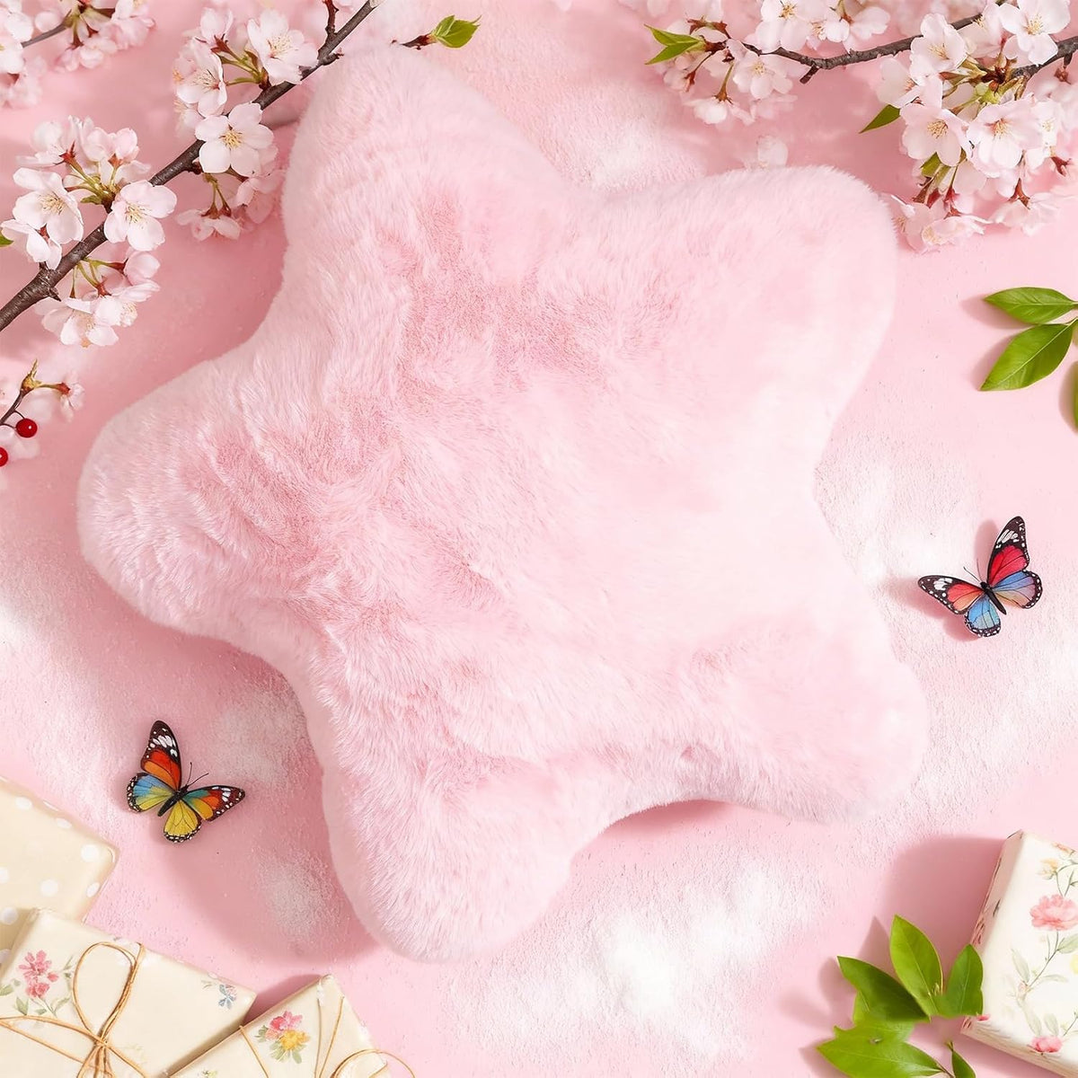 YRXRUS Star Pillows, Light Pink Star Shaped Pillow, Decorative Throw Pillow Gifts, Cute Plush Room Decor, Fluffy Faux Rabbit Fur 18"x18" Pillows for Living Bedroom
