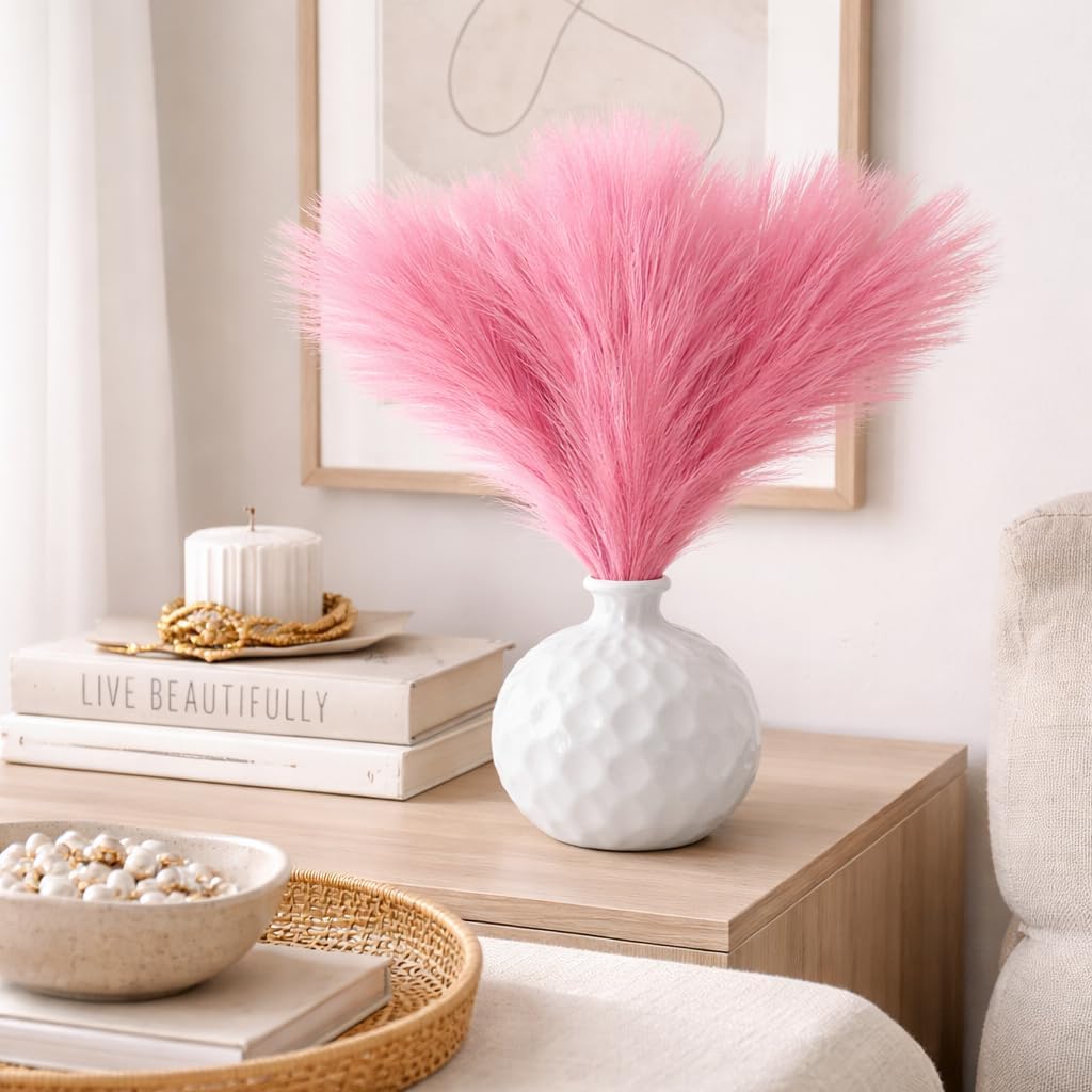 Faux Pampas Grass, 6 Stems Artificial Pampas Grass Decor Flurry Pompous Grass for Small Vase Boho Home Decor/Wedding Arrangements/Rustic Decor 18''/45cm (Pink, 18 in)